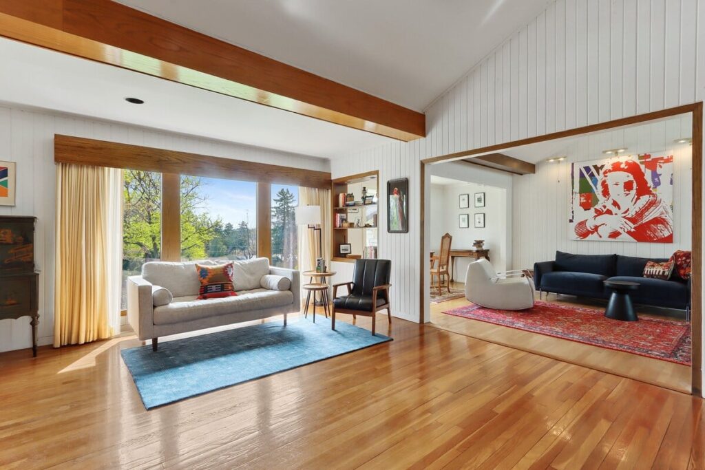 Sunlit sitting room of a furnished monthly rental