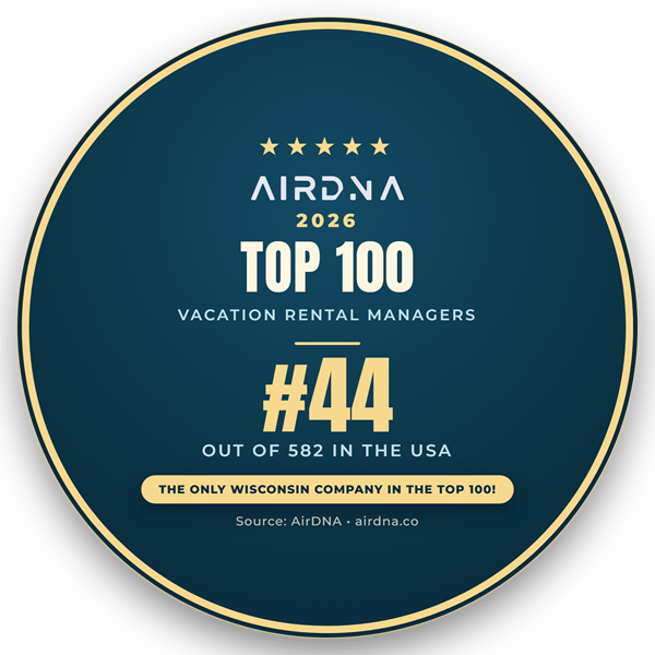 AirDNA 2026 Top 100 Vacation Rental Managers badge: Geneva Lakes Vacations ranked number 44 out of 582 companies in the USA