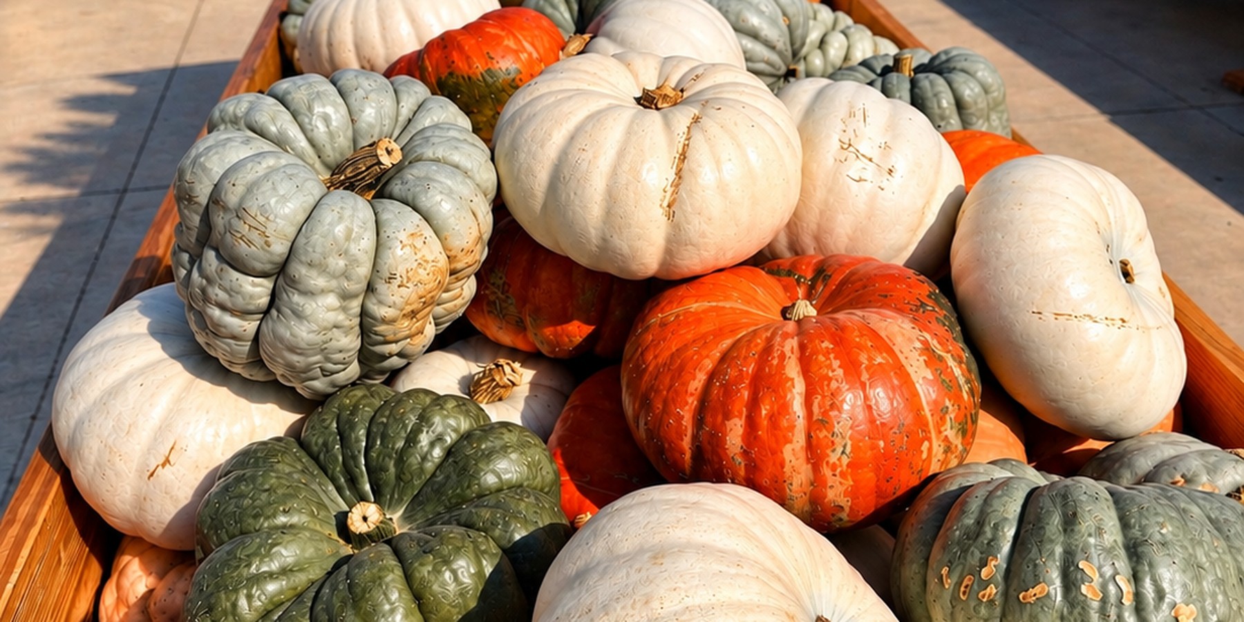 A farm cart piled with heirloom pumpkins in orange, white and blue green at a pumpkin patch near Lake Geneva, Wisconsin